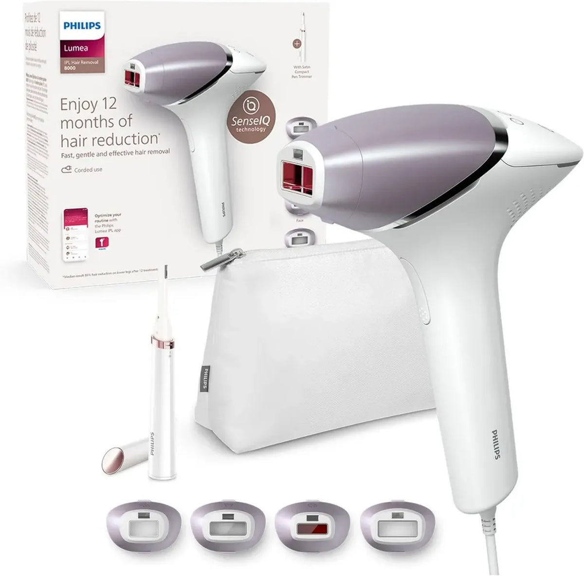 Philips Lumea IPL Serie 8000 - Epilatore a Luce Pulsata con Tecnologia Intelligente, 4 Accessori e Trimmer Satin Compact, Uso con Filo