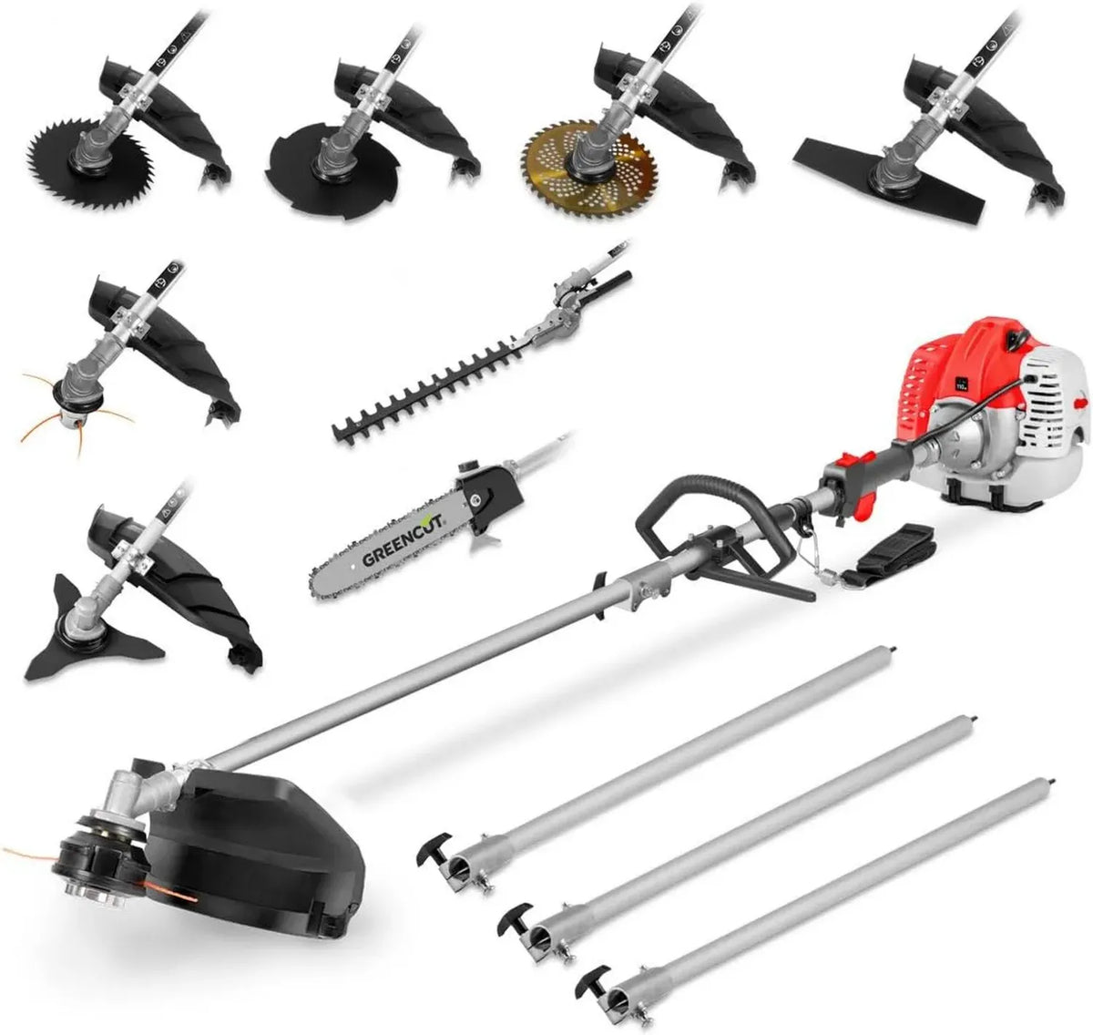 GREENCUT GM650X-9 - Strumento Multifunzionale 9 in 1 con Motore a Benzina 65cc, Potente 4,9 CV, Accessori Inclusi