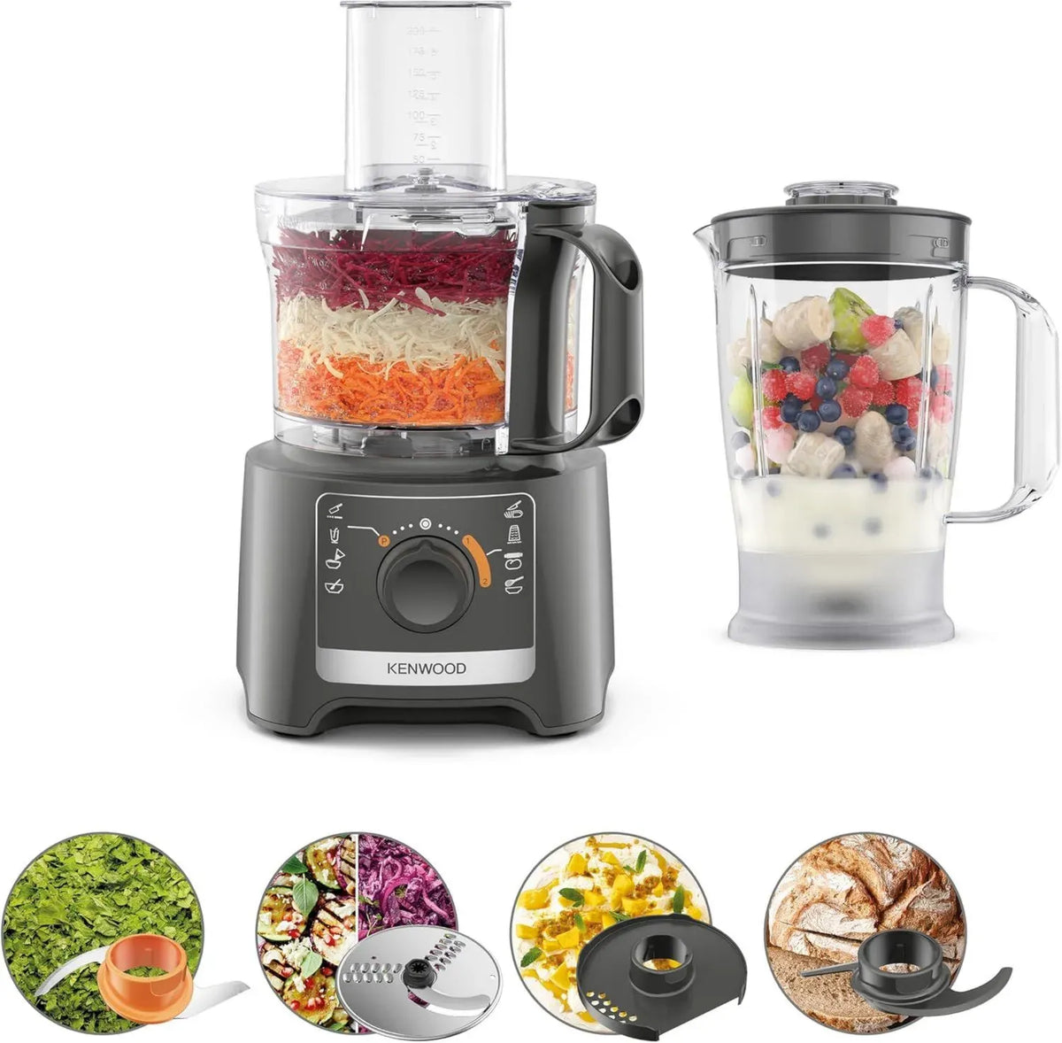 Kenwood Multipro Compact Robot da Cucina 800W, 2 Velocità e Funzione Pulse, Frullatore 1.2L e Ciotola 2.1L