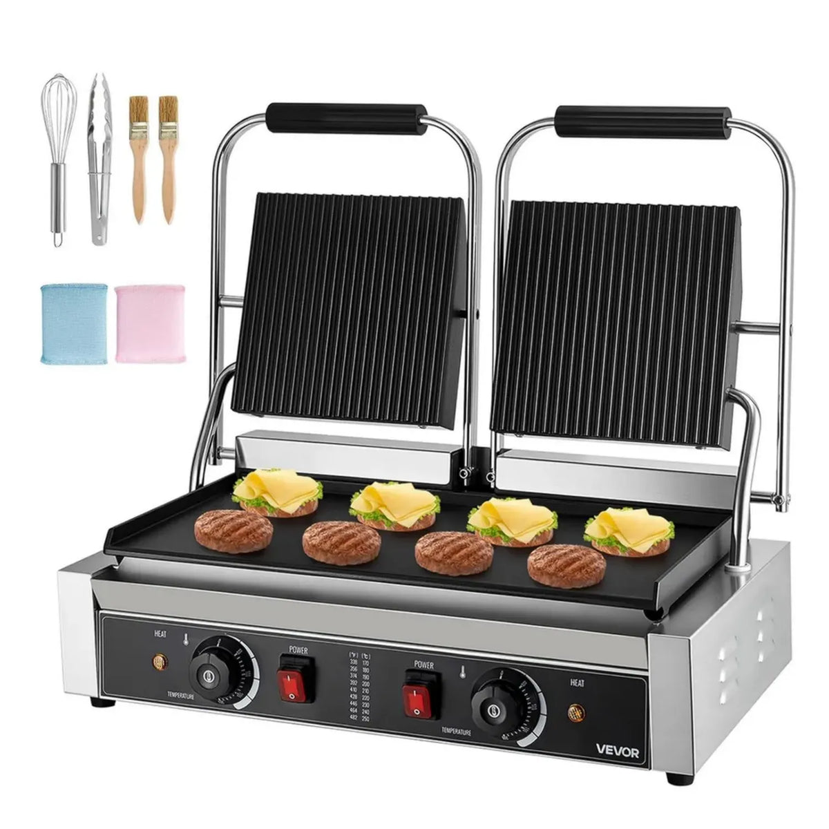 Griglia Elettrica VEVOR 3600W in Acciaio Inox per Panini con Doppia Piastra, 48x23 cm, Controllo Termico per Hamburger e Bistecche