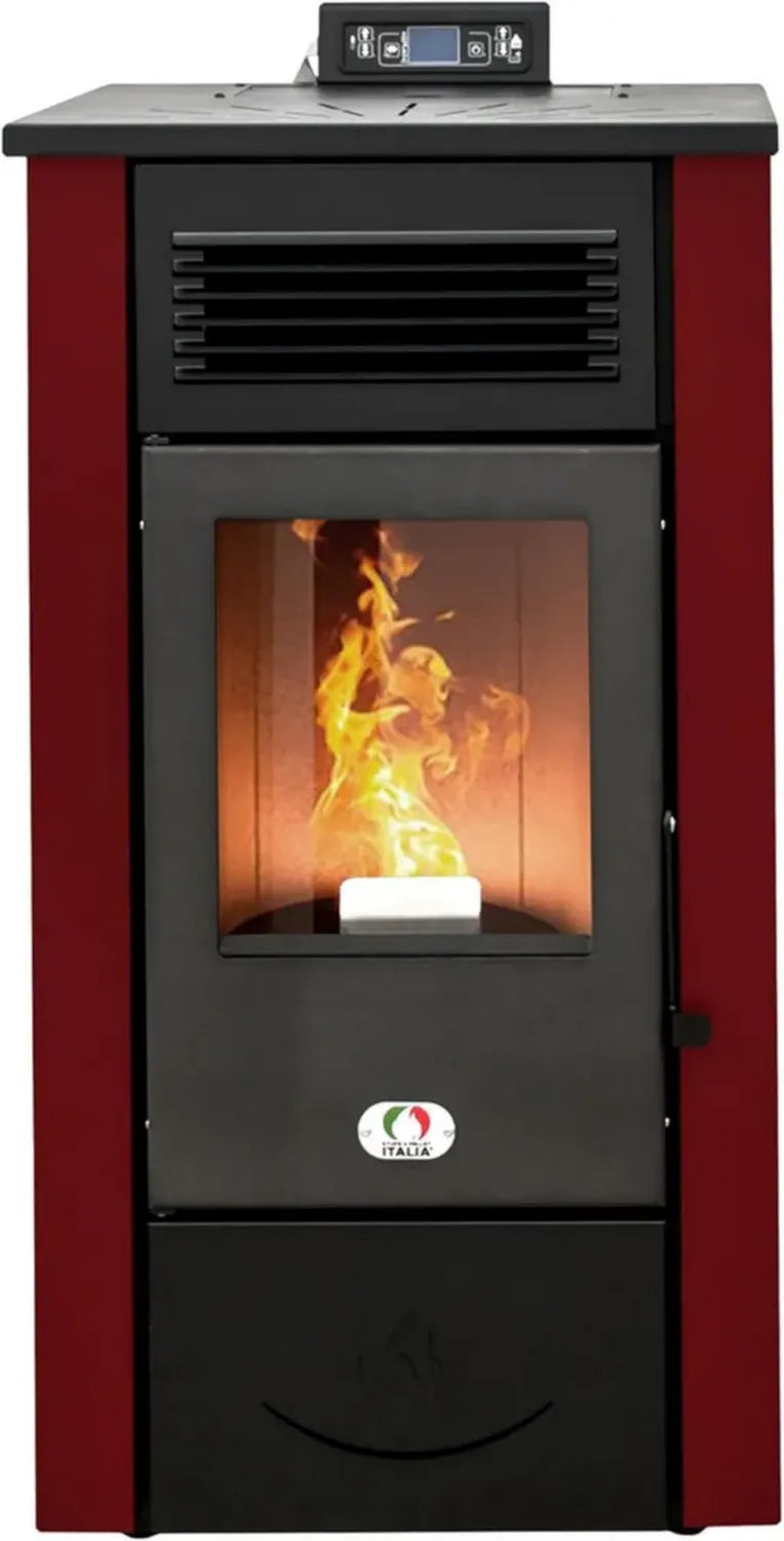 Stufa a Pellet Canalizzata 14KW Rosso - Efficienza 89%, Autonomia 15h, Programmabile con 5 Velocità, Riscalda fino a 130m², Garanzia 24 Mesi