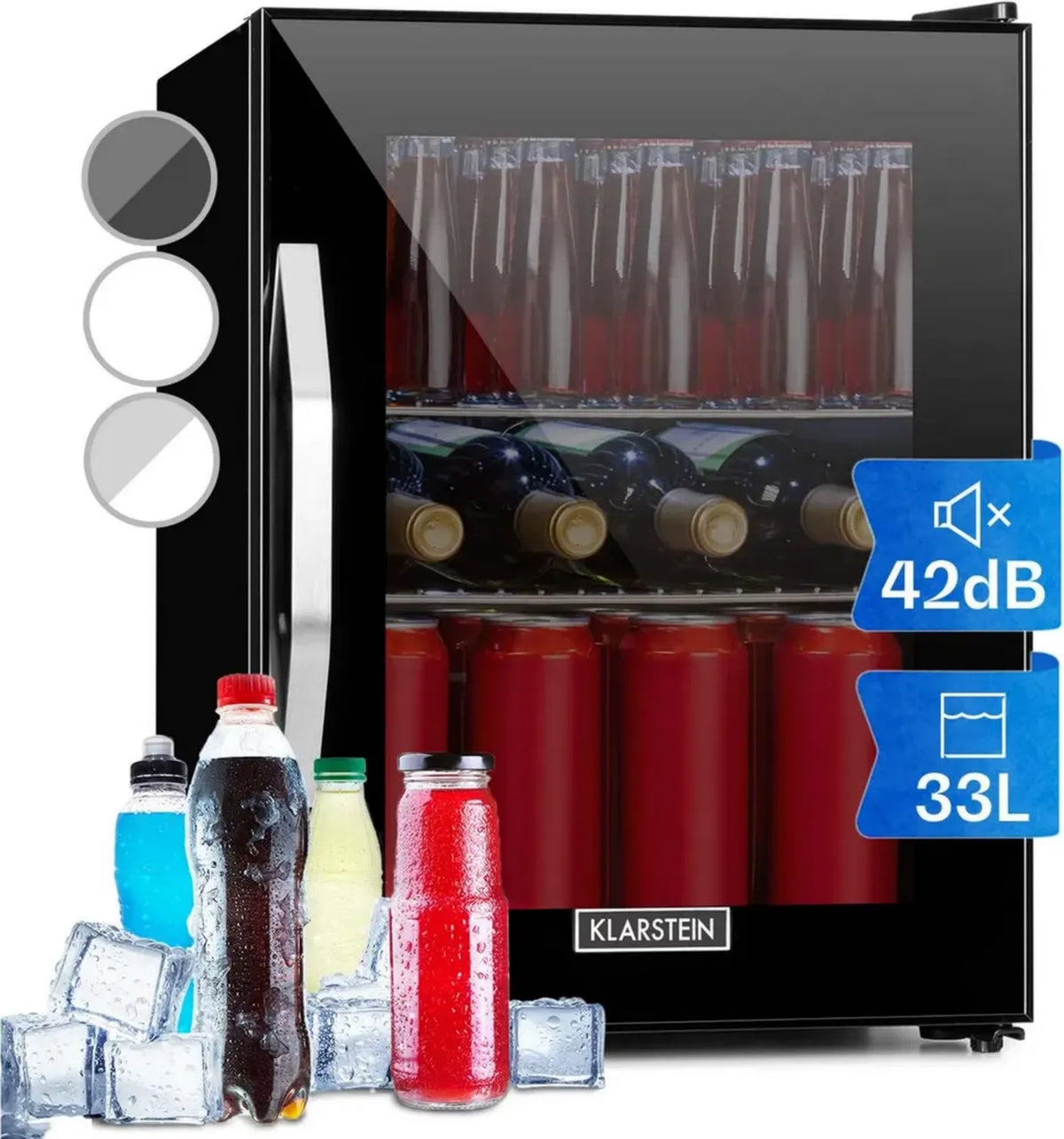 Frigorifero Portatile KLARSTEIN da 33L, Mini Bar con Vetro, Ripiani Regolabili, Perfetto per Ufficio e Camera, 0-10°C