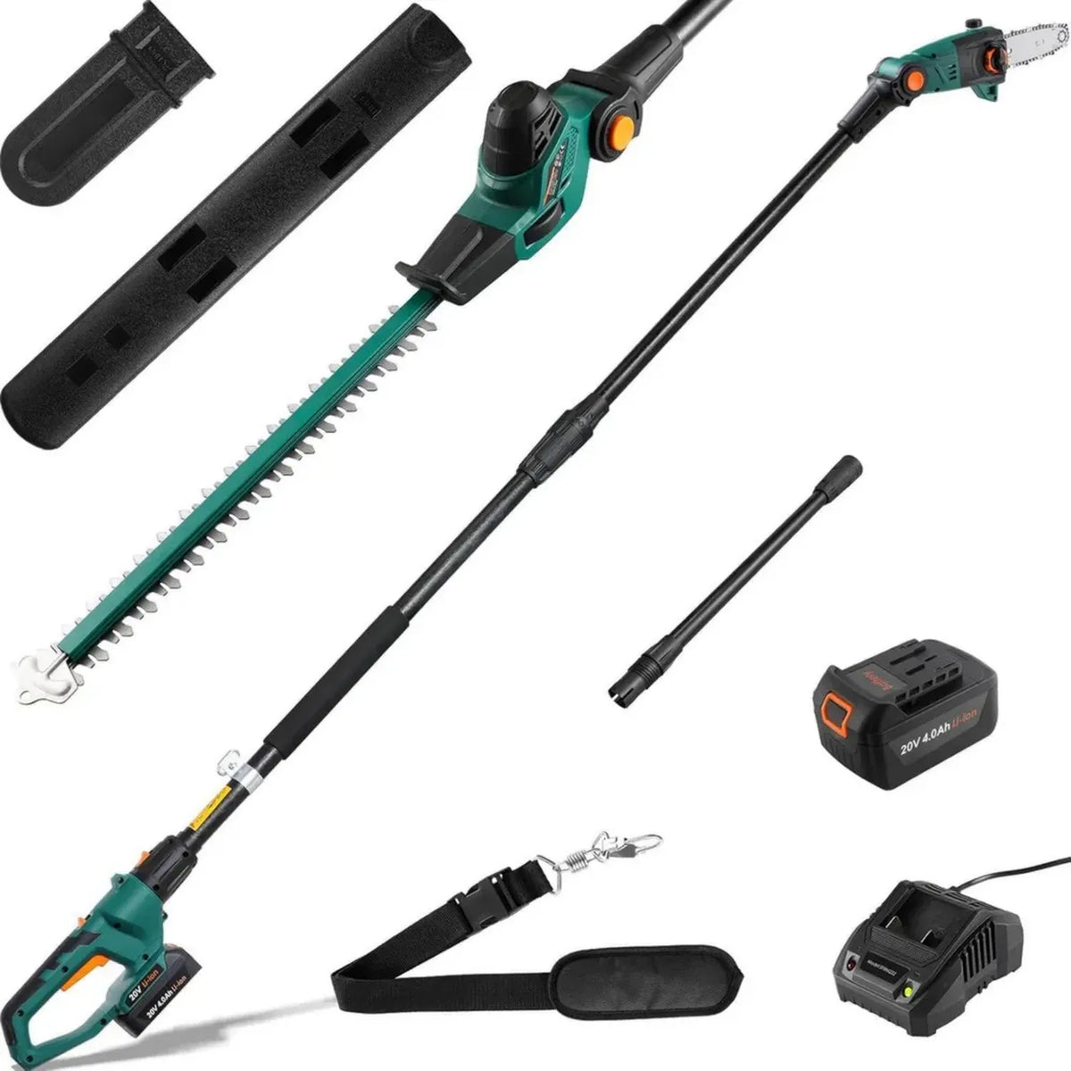 Set di Potatura 2 in 1, Potatore Elettrico 24cm, Tagliasiepi Telescopico 45cm a Batteria, Batteria 20V 4Ah e Caricabatterie Inclusi, Testa Regolabile, Tracolla Fino a 4M