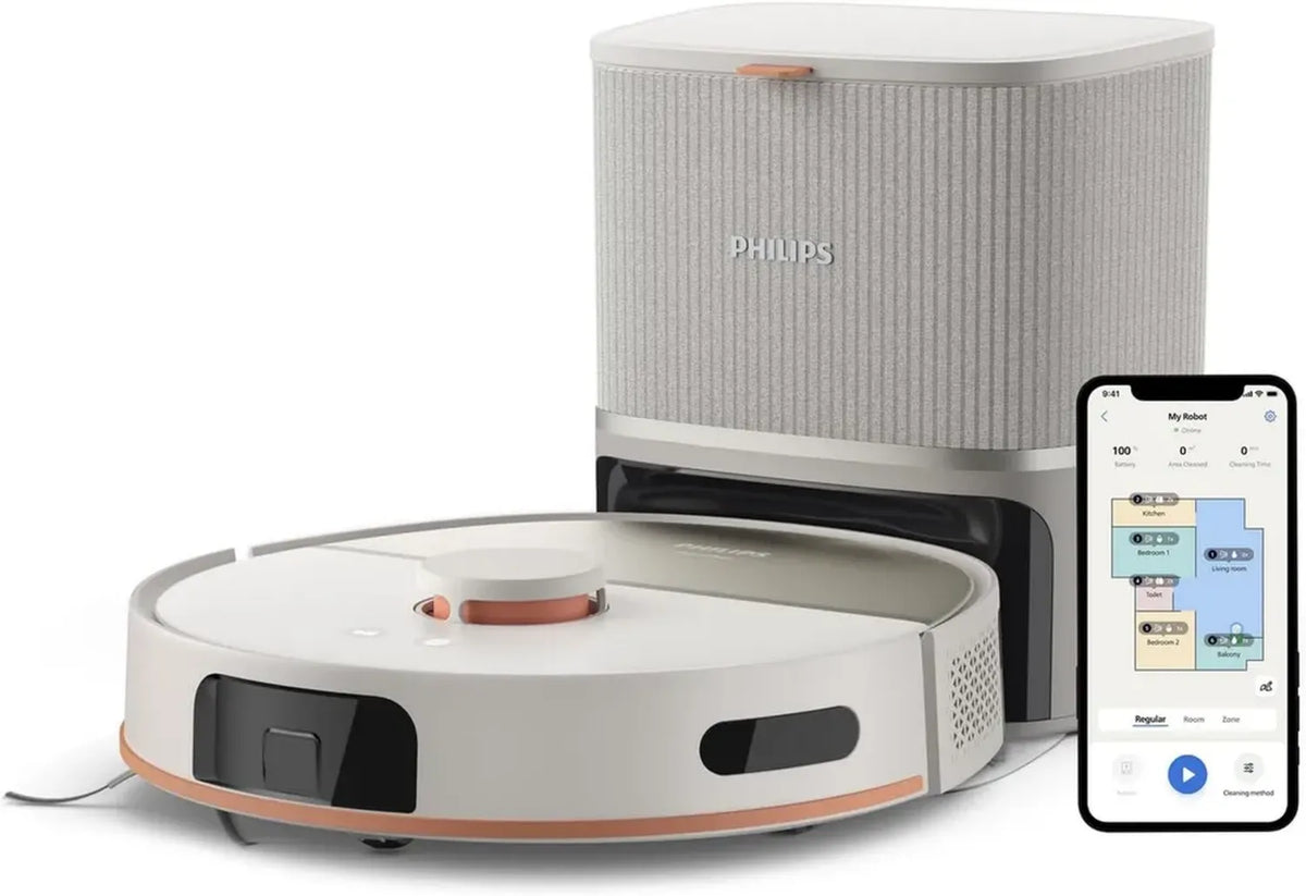 Robot Aspirapolvere e Lavapavimenti Philips HomeRun 5000, 10000 Pa, Moci Rotanti, Auto-svuotamento, Navigazione Laser, App, Beige Seta