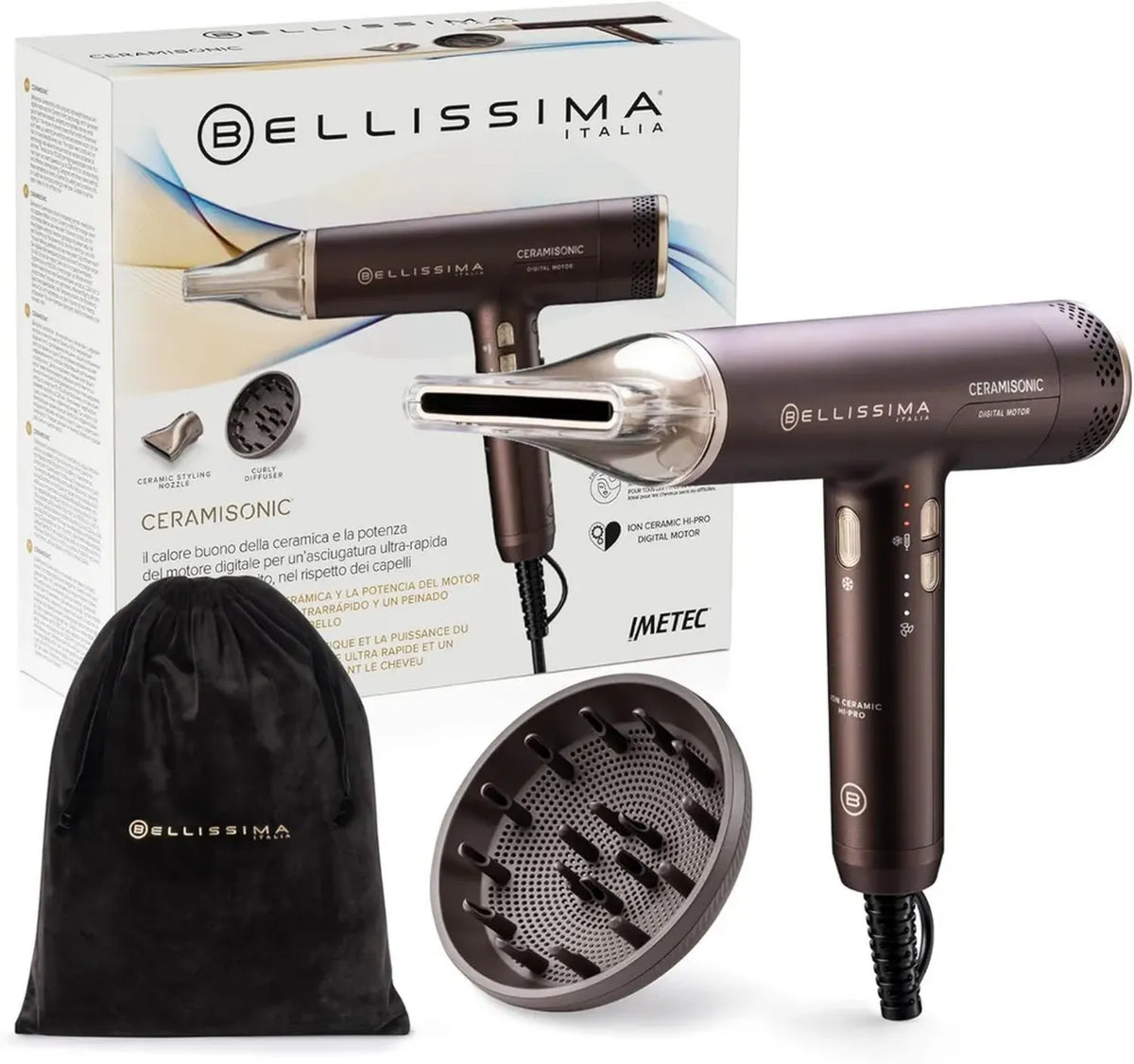 Asciugacapelli Professionale BELLISSIMA Imetec, Tecnologia Ionica e Ceramica, Ultraleggero e Silenzioso, Protezione per Cute e Capelli