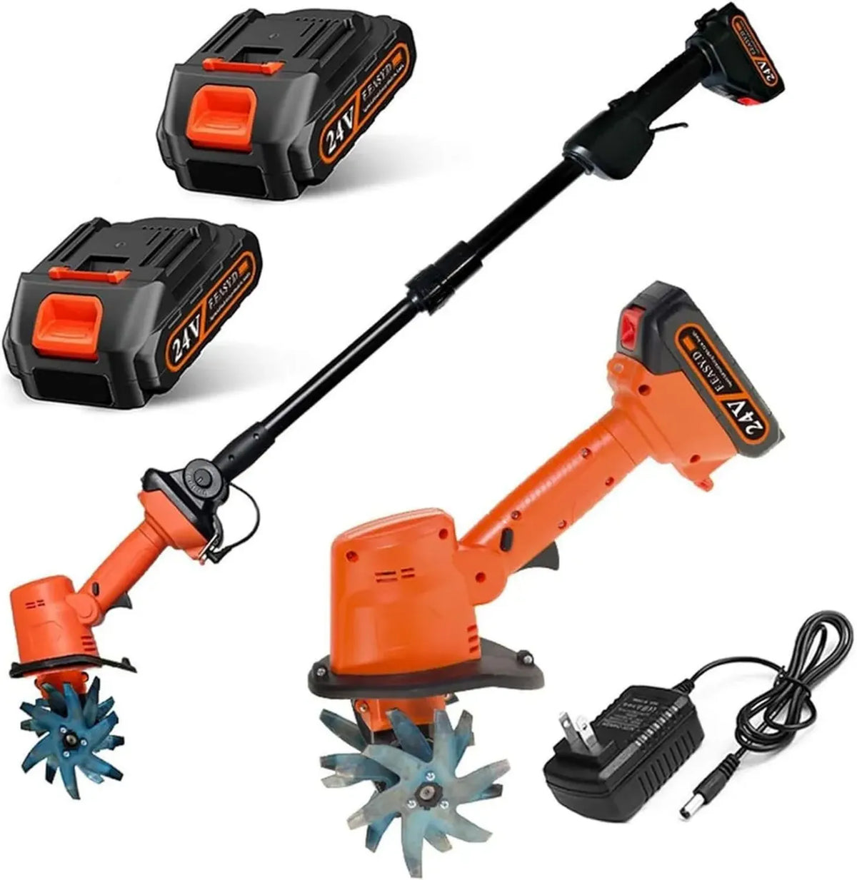 Motozappa Elettrica Senza Fili 21V con 2 Batterie, Denti Acciaio 4 File, Profondità 10cm, Asta Regolabile 1,3M per Giardino e Serre